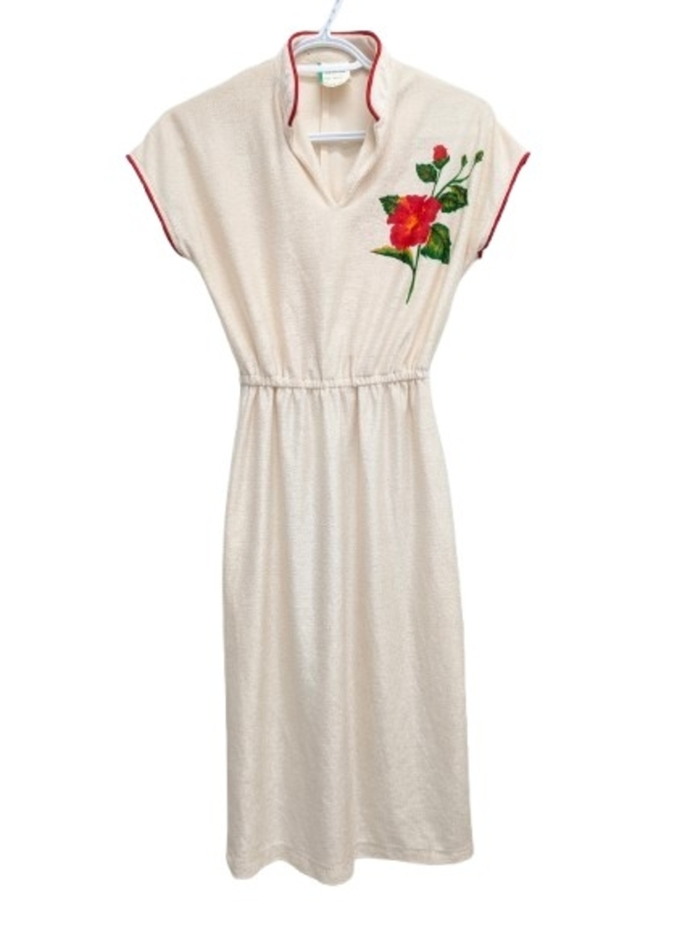 Vintage 70s Made in Canada Hibiscus Floral Terry Cloth Style Patio Lounge Dress